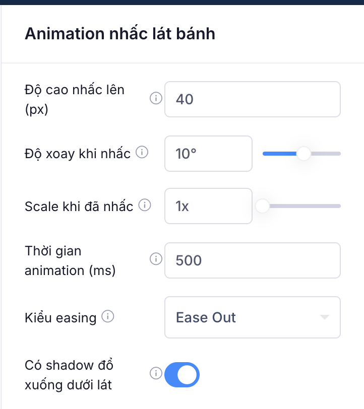 Cấu hình hiệu ứng nhấc lát bánh