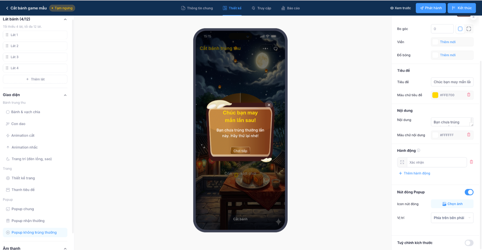 Cấu hình popup không trúng thưởng