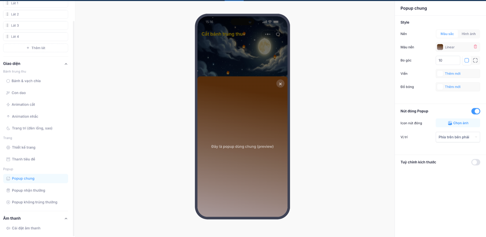 Cấu hình popup thông báo chung