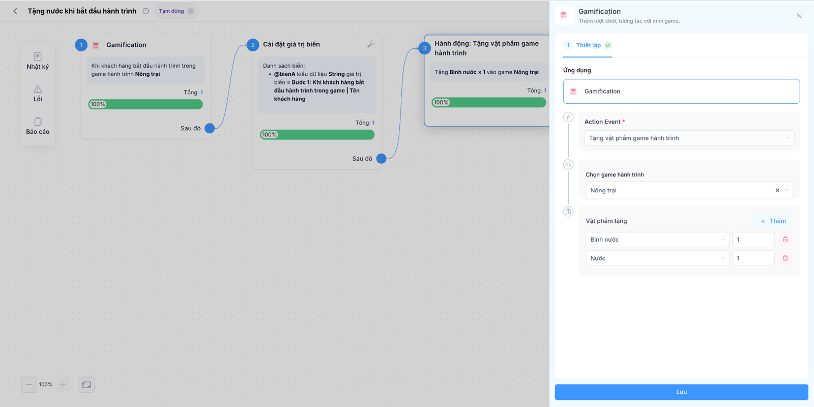 Cấu hình chi tiết action tặng vật phẩm