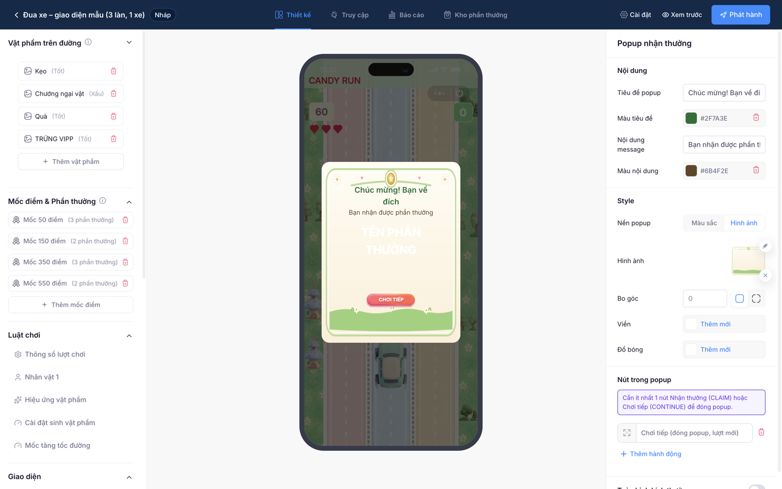 Cấu hình Popup nhận thưởng