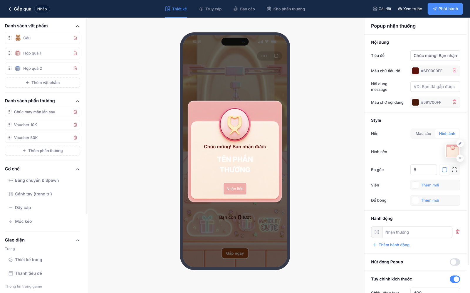 Cấu hình Popup nhận thưởng