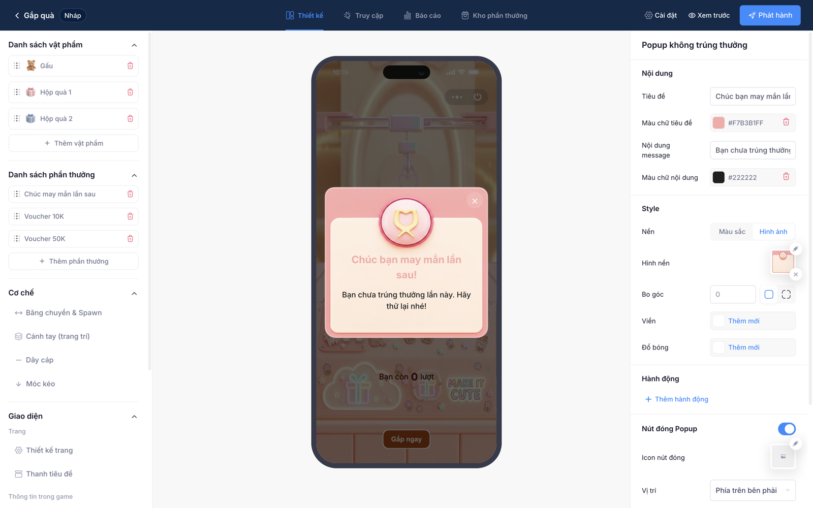 Cấu hình Popup không trúng thưởng