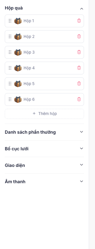 Danh sách hộp quà với thao tác kéo thả