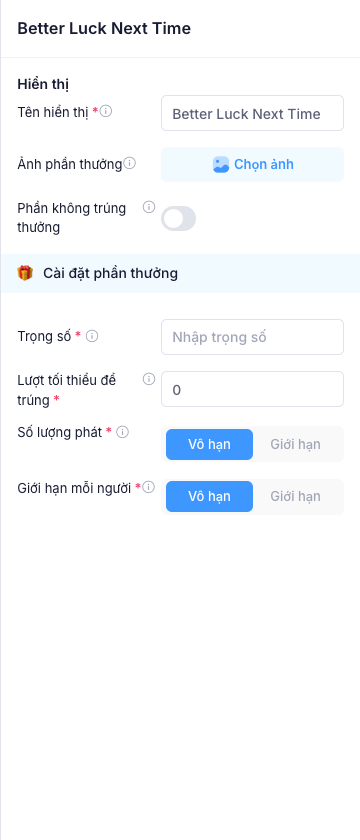 Cài đặt nghiệp vụ của một phần thưởng