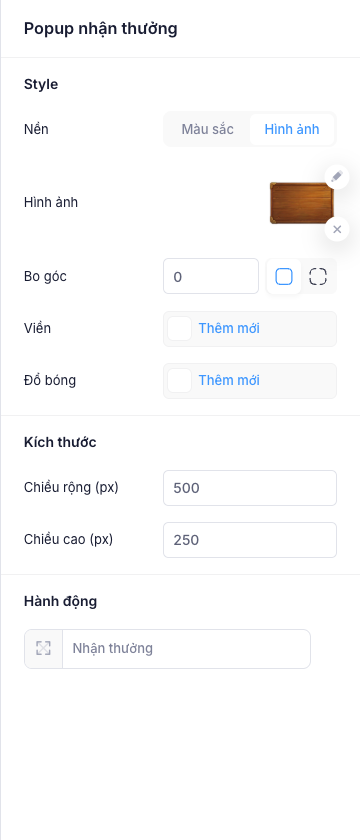 Cấu hình popup nhận thưởng