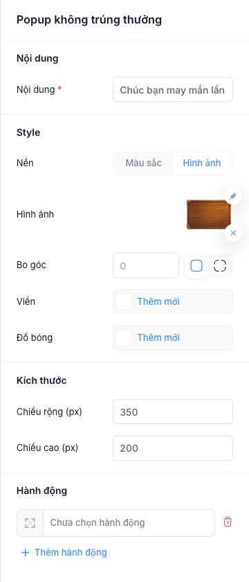Cấu hình popup không trúng thưởng