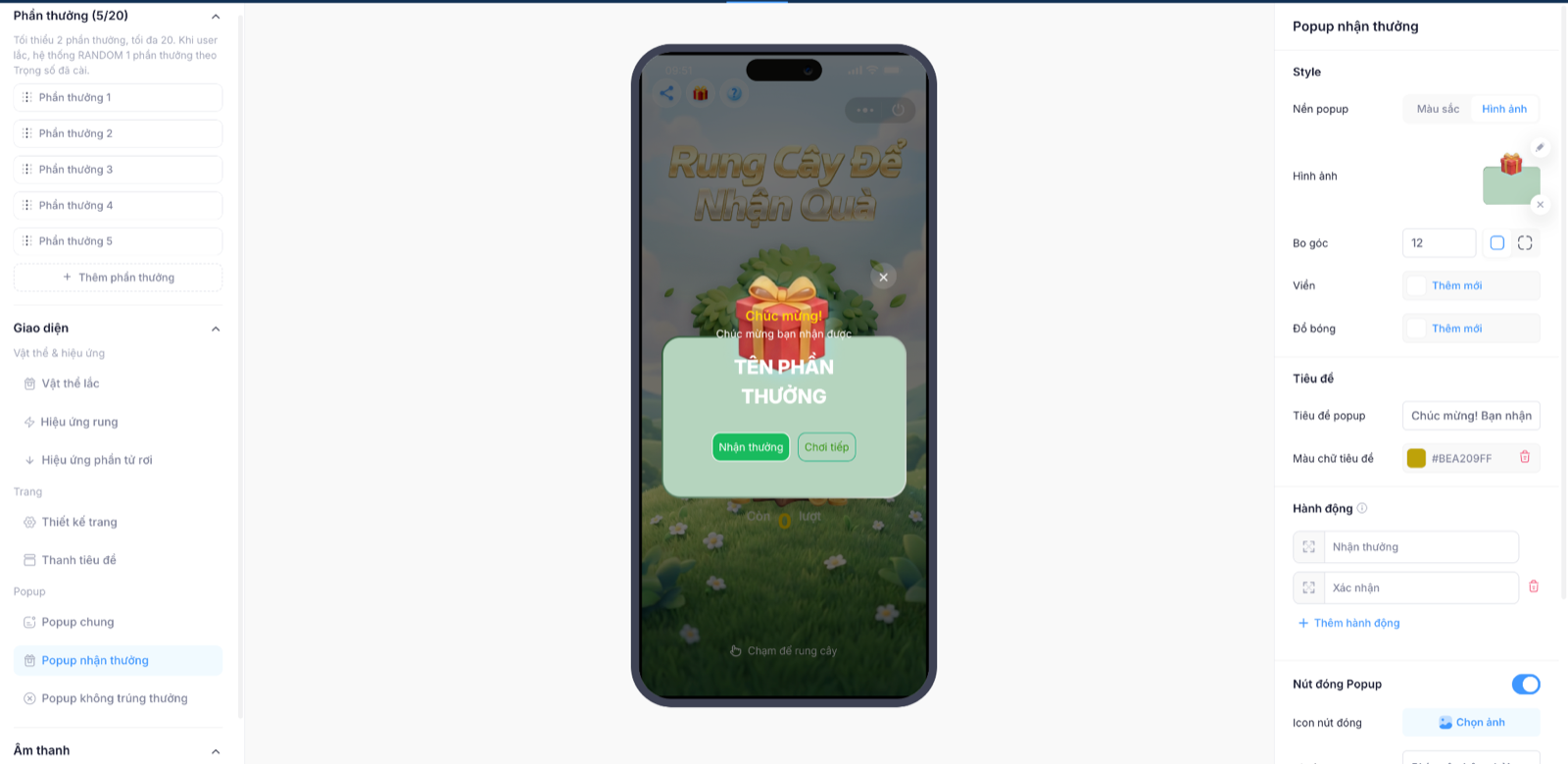Cấu hình popup nhận thưởng