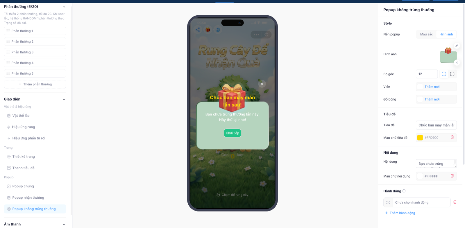 Cấu hình popup không trúng thưởng