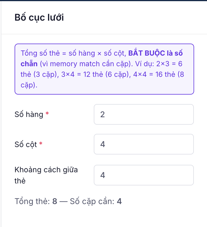 Cấu hình bố cục lưới, thẻ và điểm