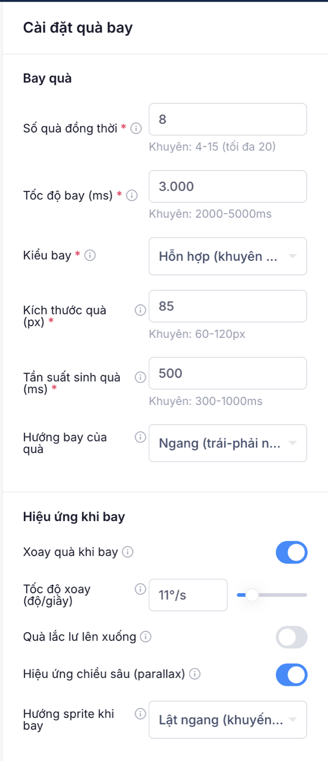 Cấu hình cách quà bay