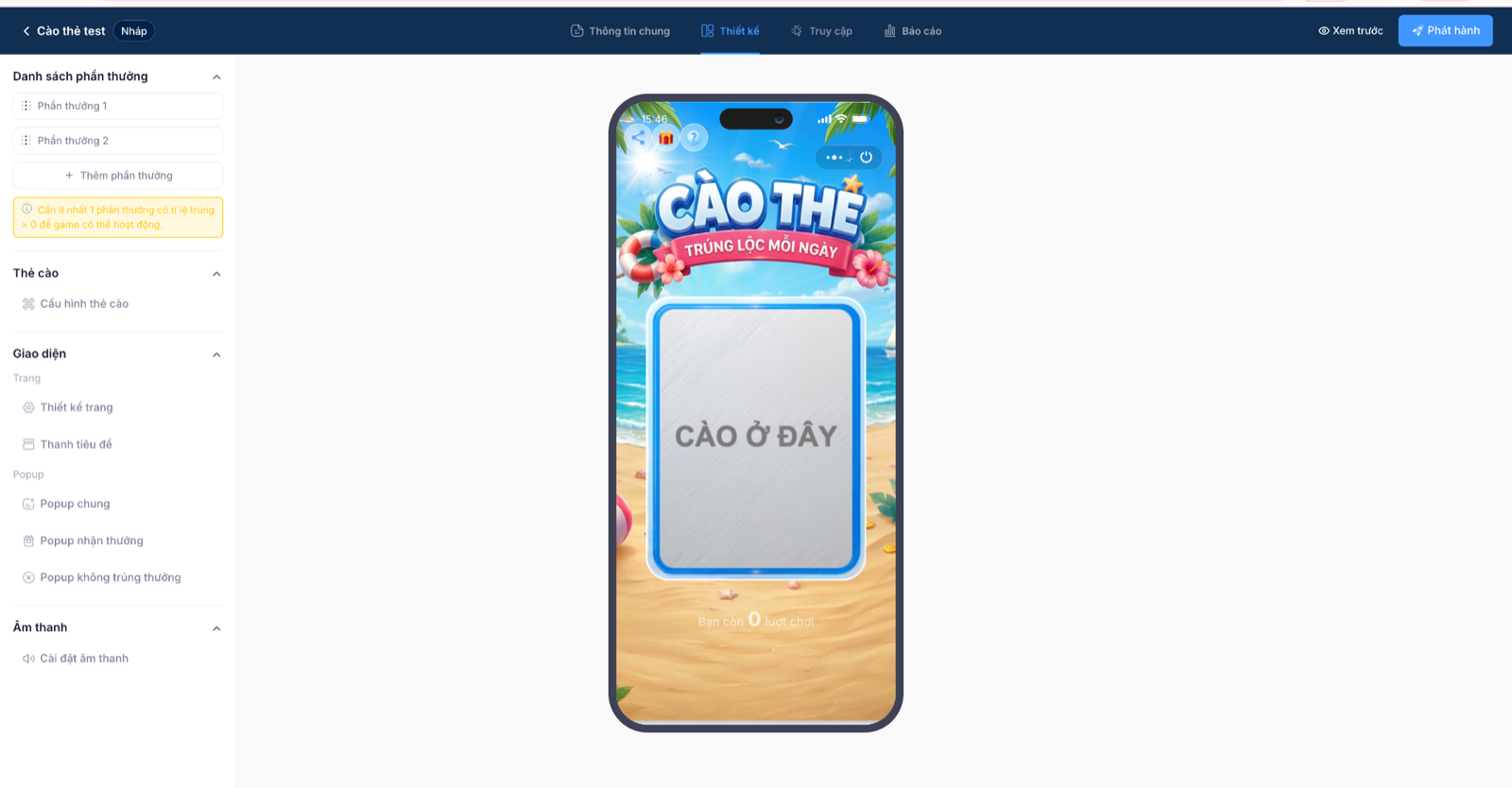 Giao diện trình thiết kế game Thẻ cào