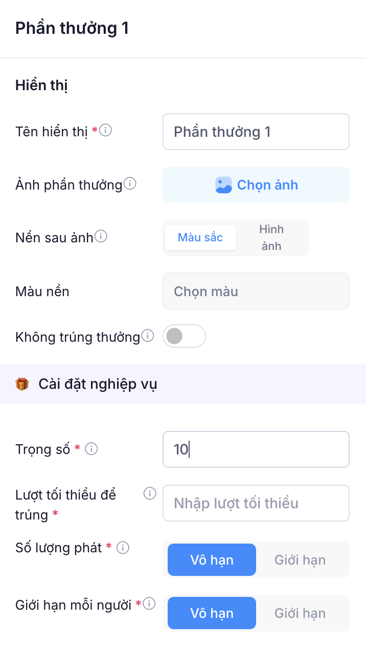 Màn hình cấu hình danh sách phần thưởng