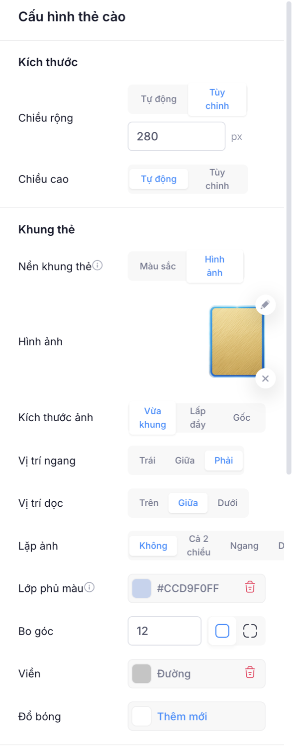 Cấu hình kích thước và khung thẻ cào