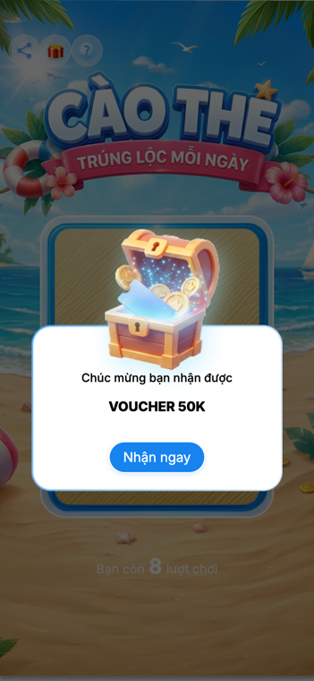 Popup nhận thưởng của game Thẻ cào