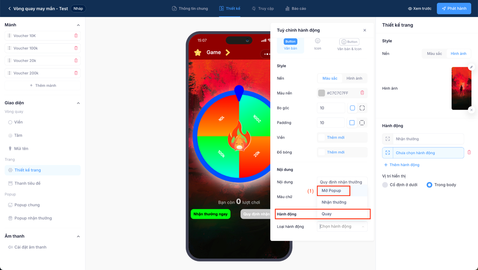Chọn loại popup Nội dung