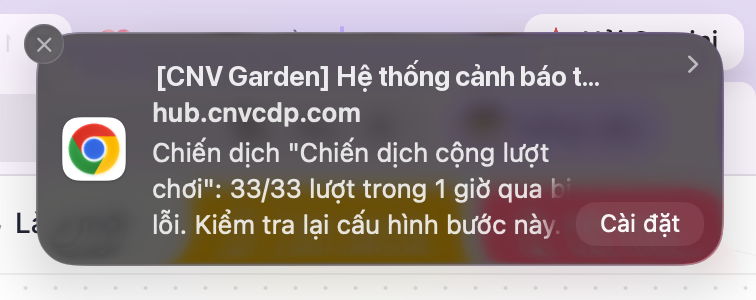 Cửa sổ thông báo của hệ điều hành khi không mở tab CNV CDP