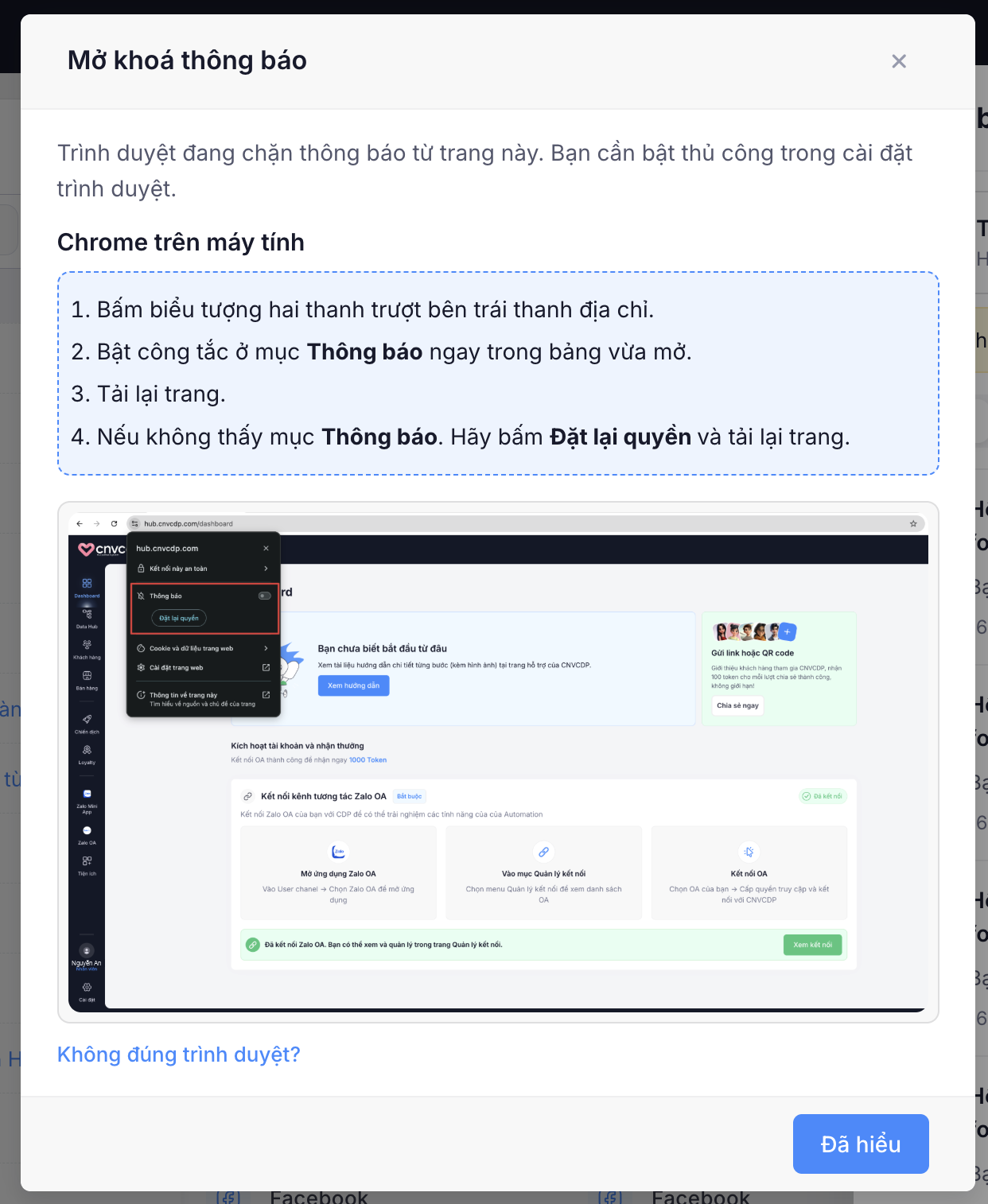 Hộp thoại Mở khoá thông báo với hướng dẫn cho Chrome trên máy tính