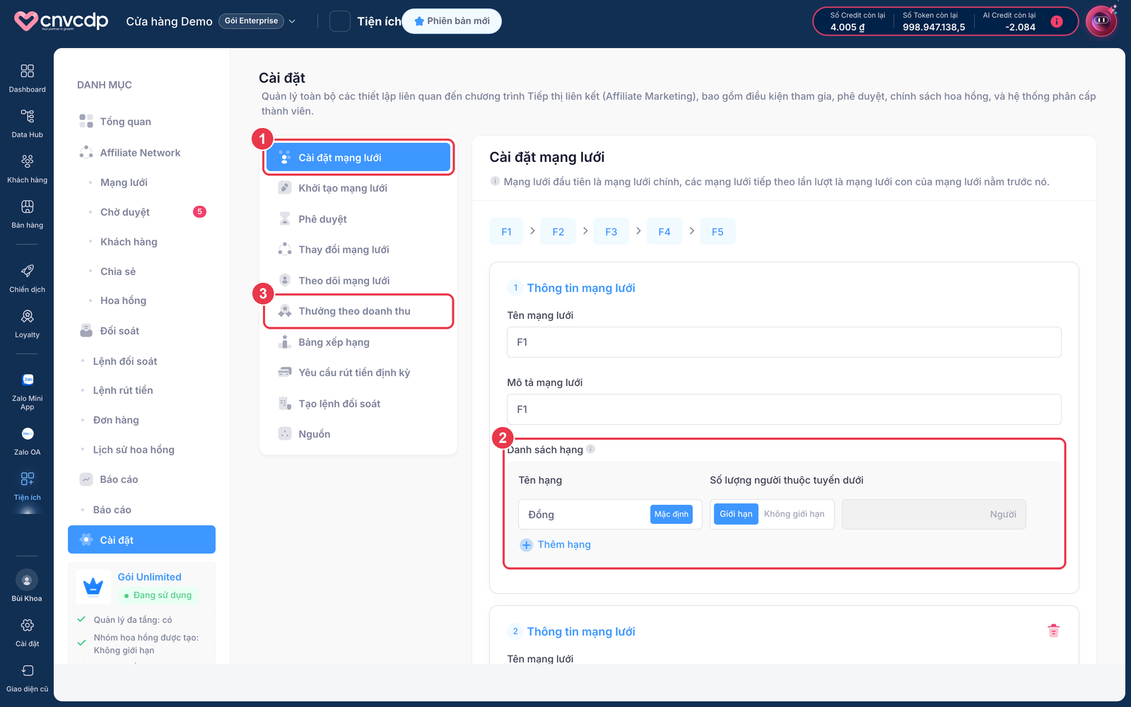 Màn hình cài đặt mạng lưới Affiliate