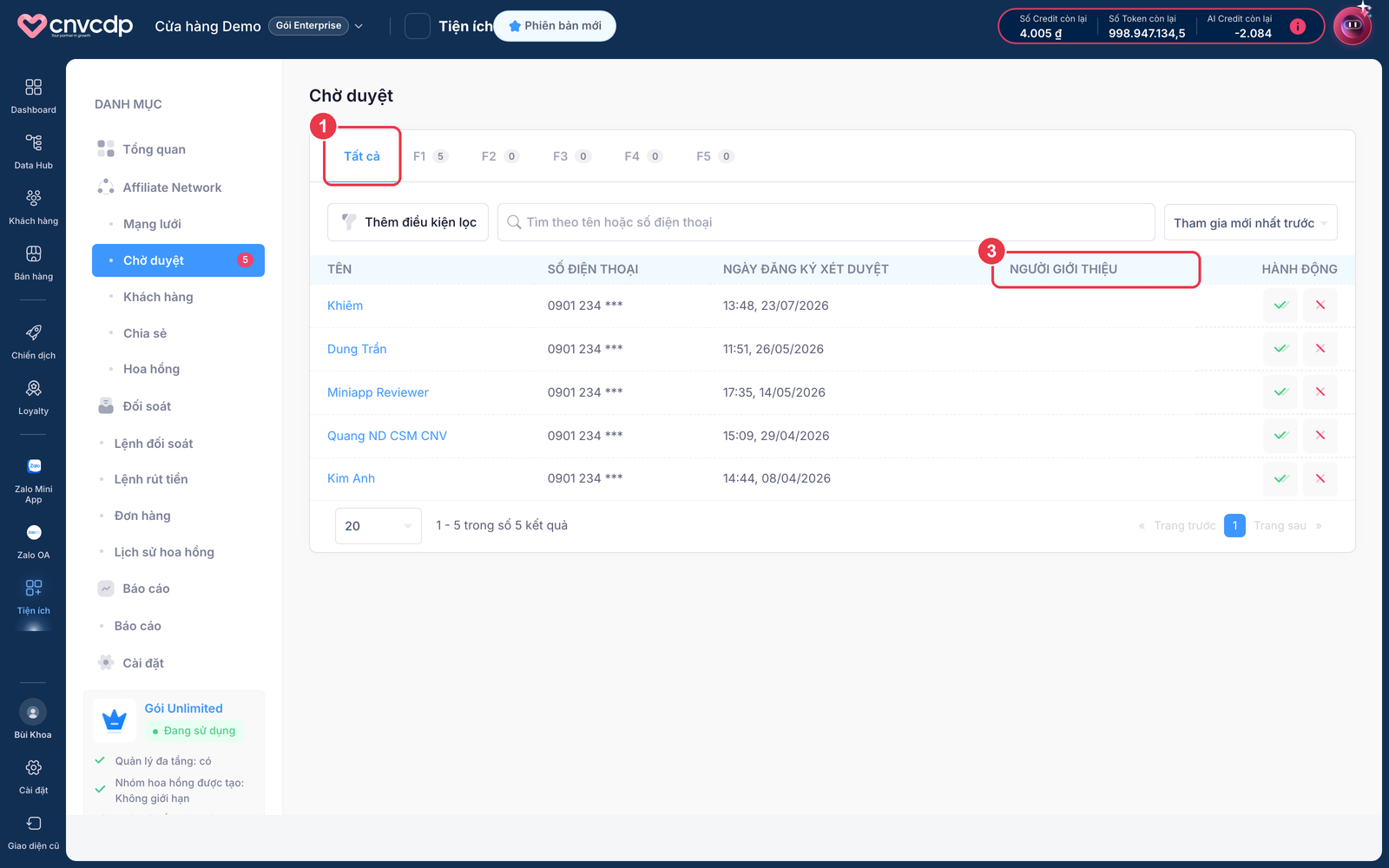 Màn hình chờ duyệt thành viên affiliate