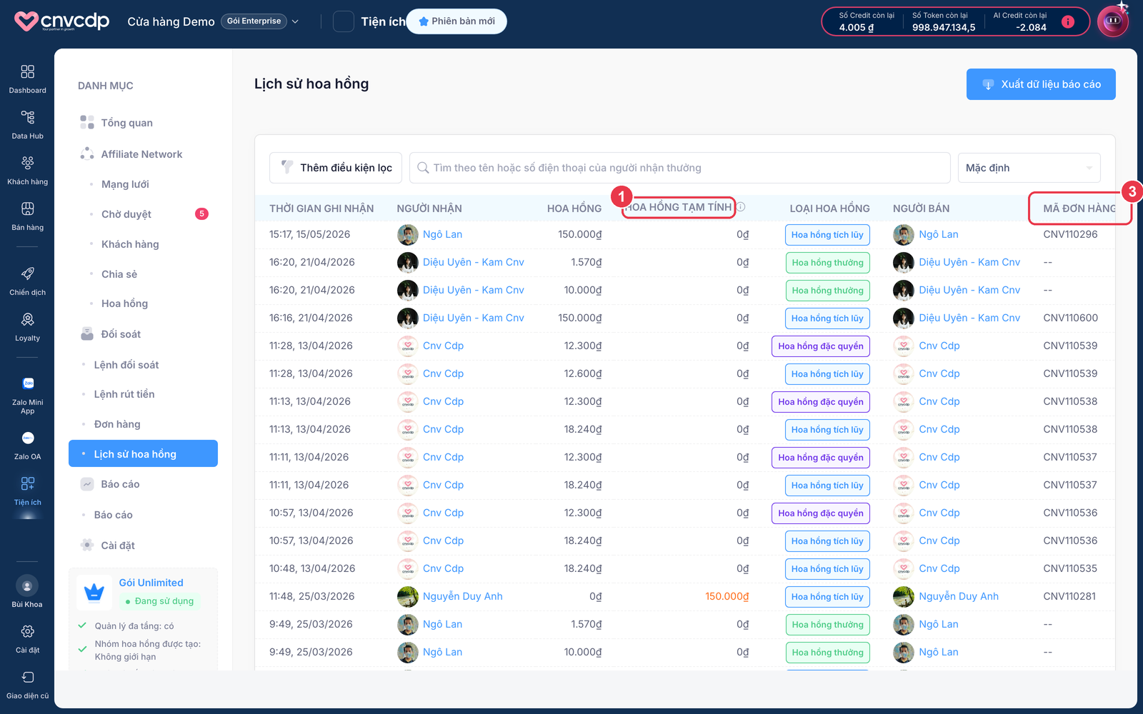 Lịch sử hoa hồng affiliate