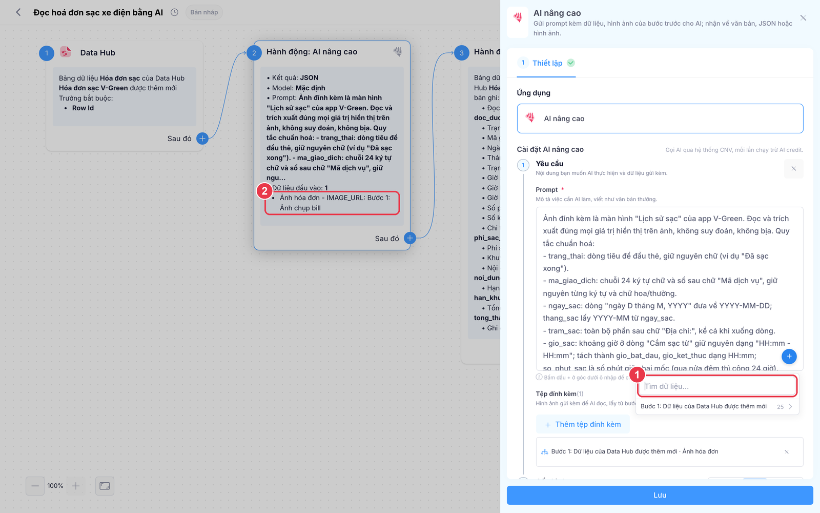 Bảng chọn dữ liệu bước trước để chèn vào prompt
