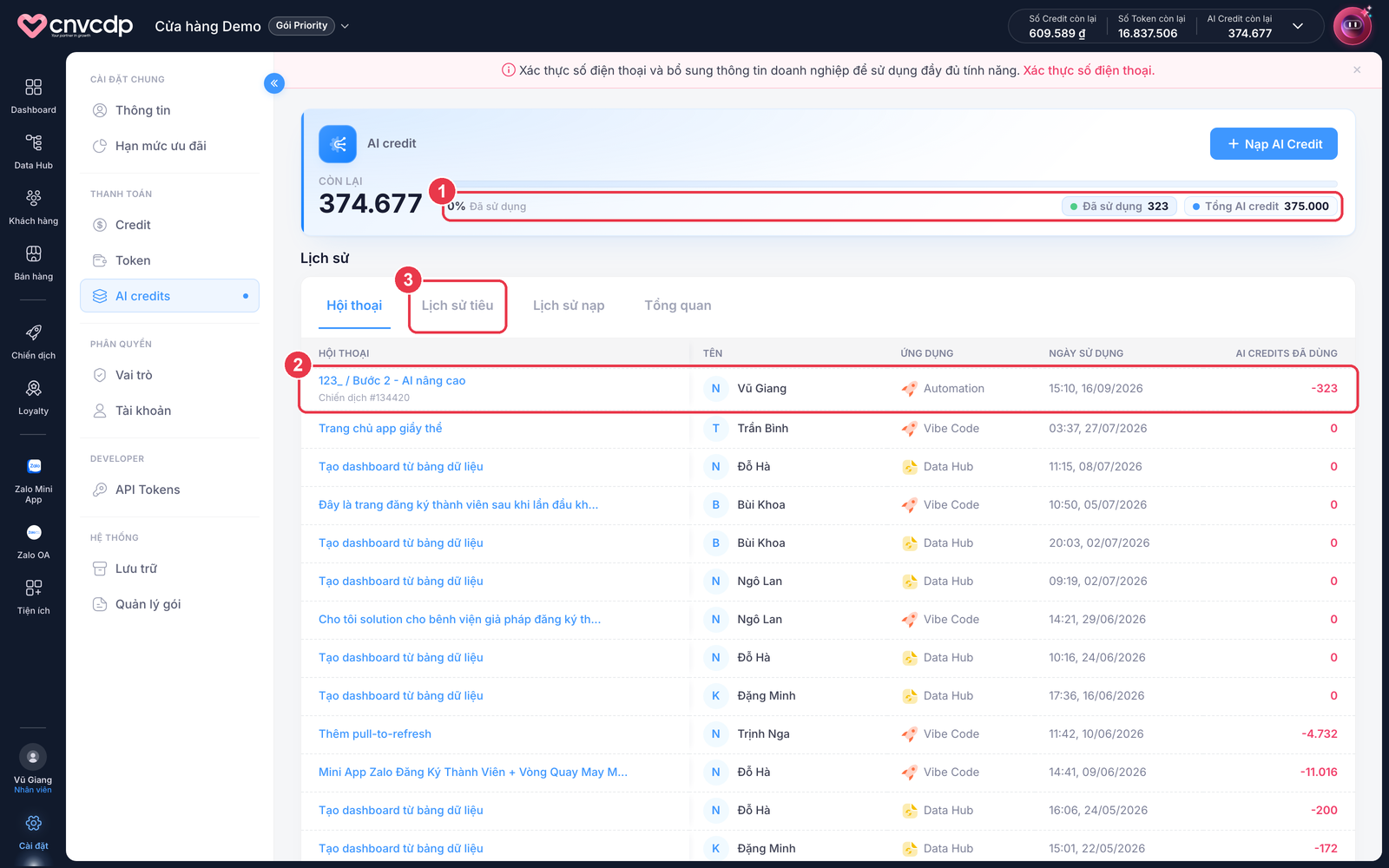 Trang AI credits với hội thoại của node AI nâng cao