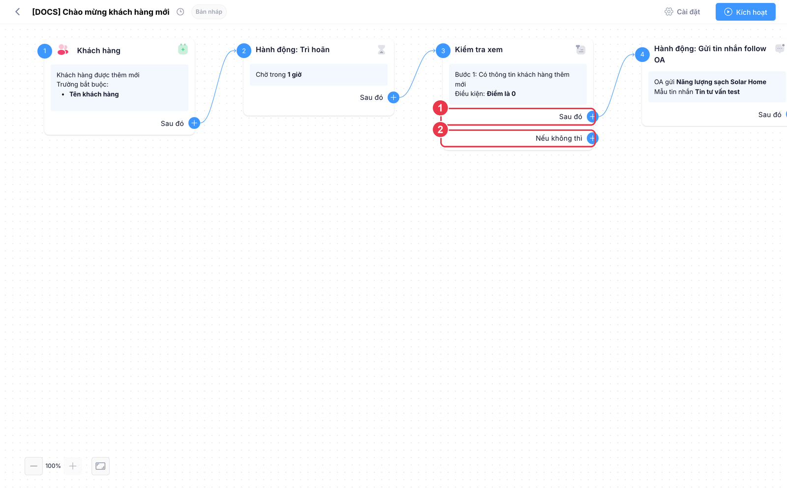 Node điều kiện với hai nhánh Sau đó và Nếu không thì