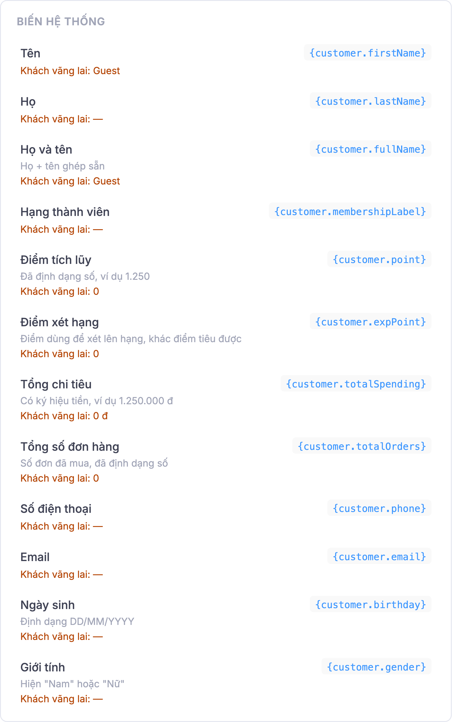 Popup danh sách biến hệ thống