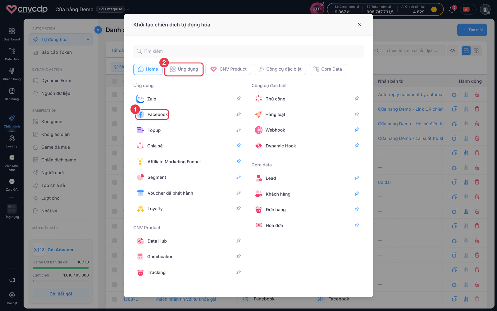 Hộp thoại khởi tạo chiến dịch, ứng dụng Facebook
