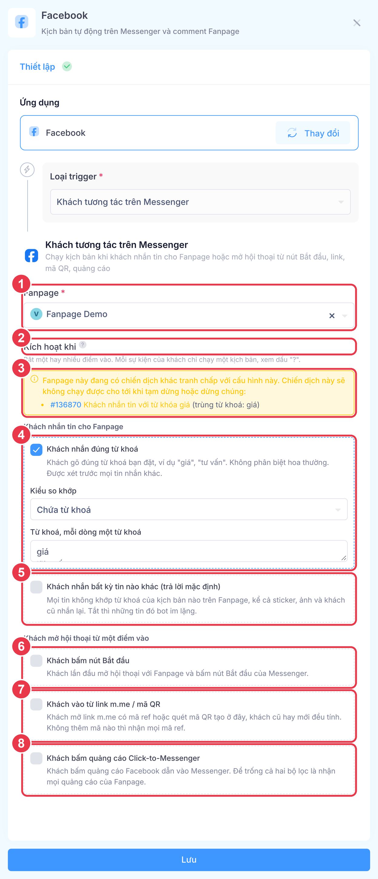 Bảng thiết lập trigger Khách tương tác trên Messenger