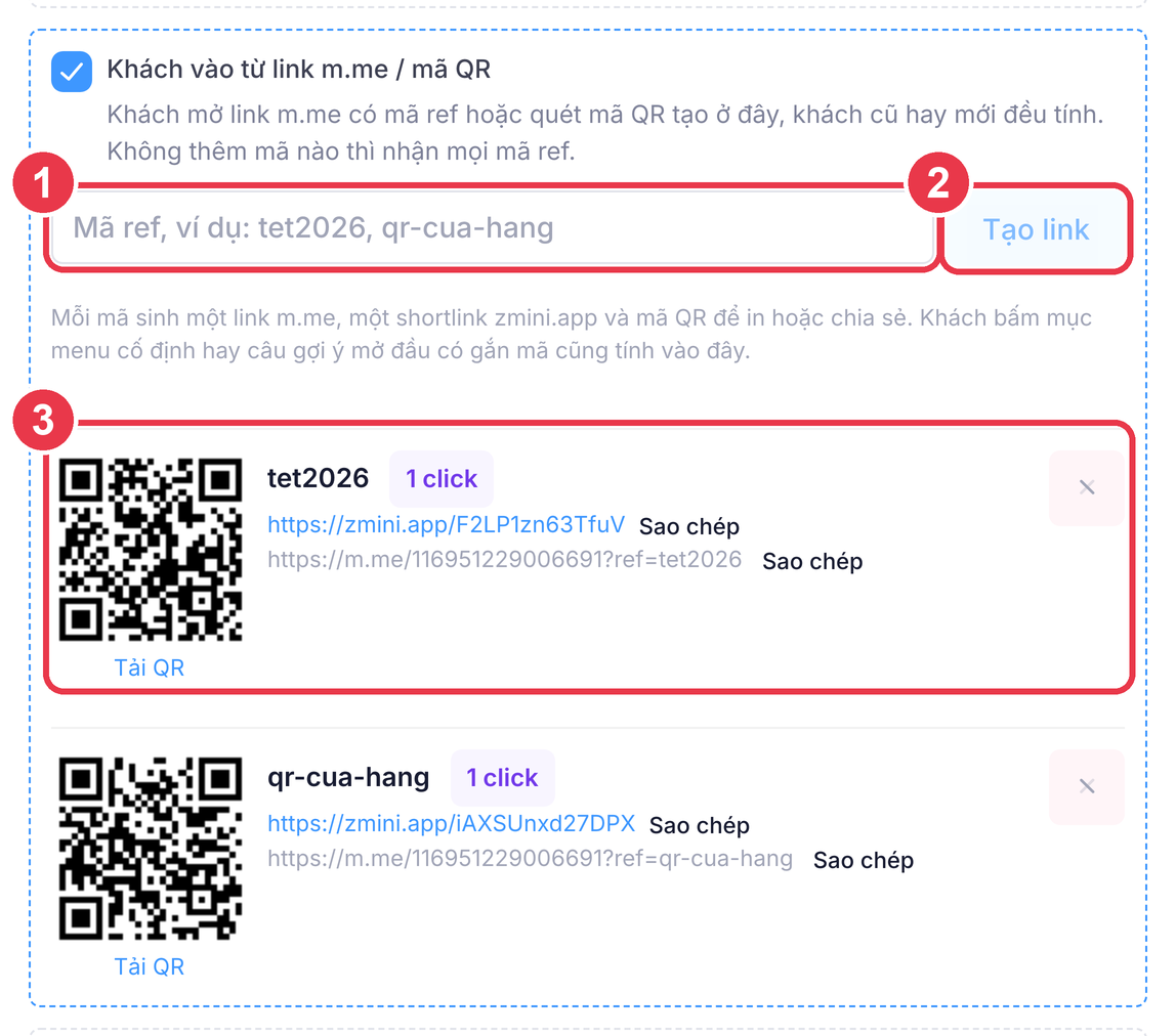 Khối Khách vào từ link m.me / mã QR với mã ref, link và QR