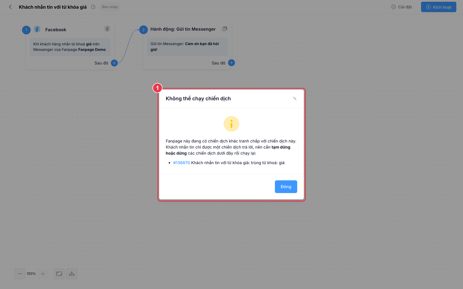 Popup chặn chạy chiến dịch vì tranh chấp cùng Fanpage