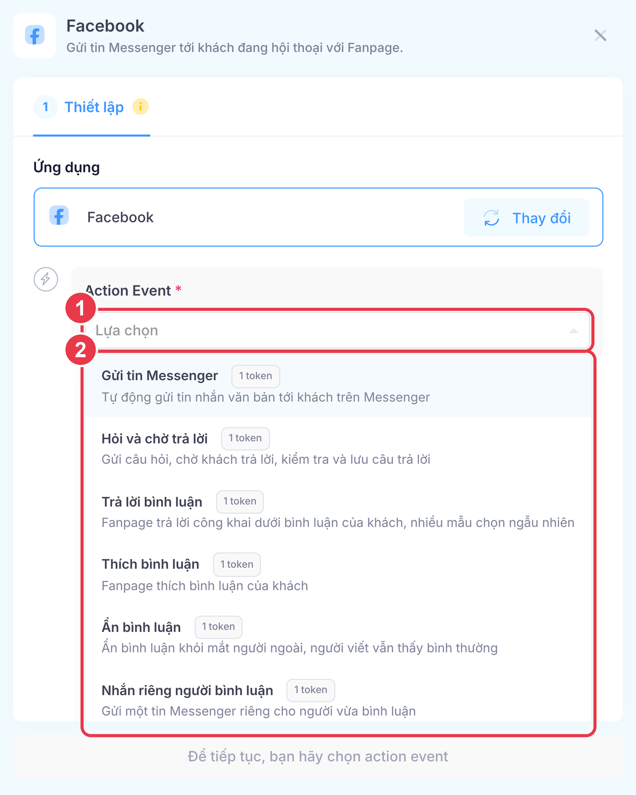 Ô Action Event liệt kê sáu hành động Facebook