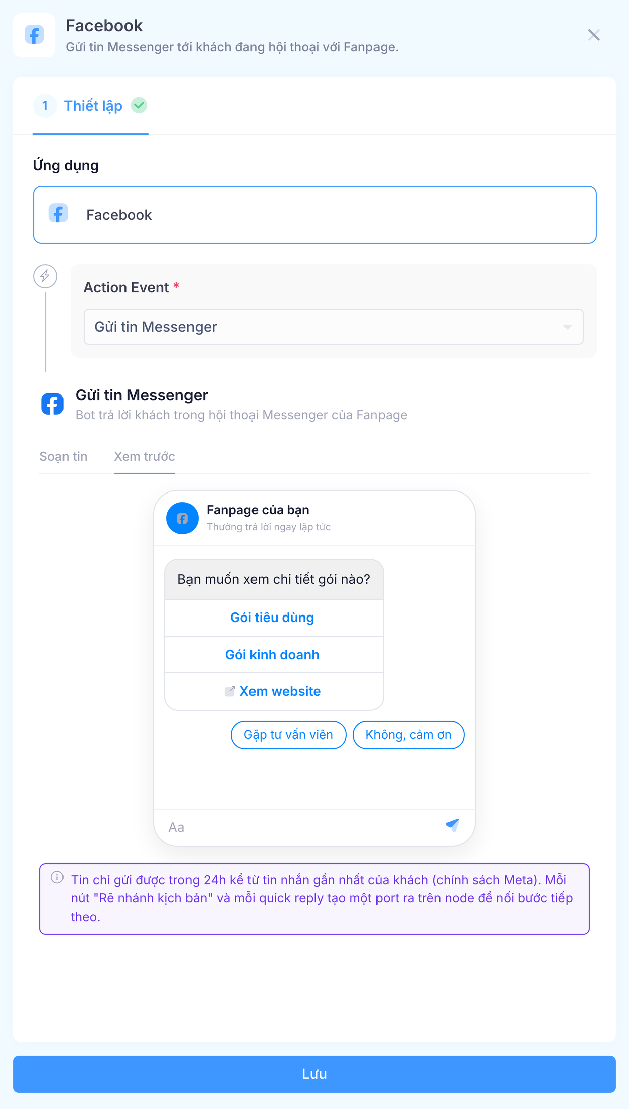 Tab Xem trước của node Gửi tin Messenger