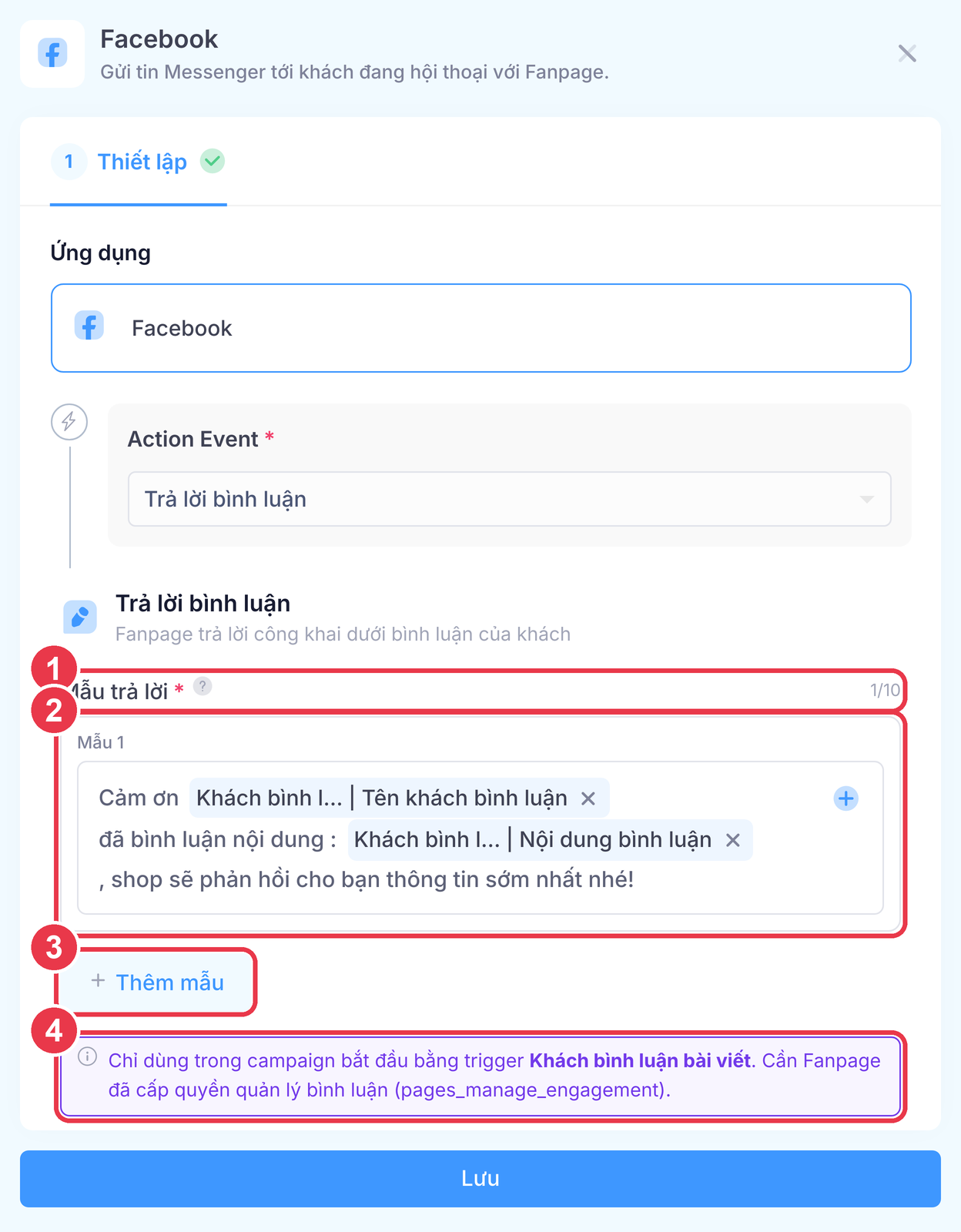 Node Trả lời bình luận với nhiều mẫu