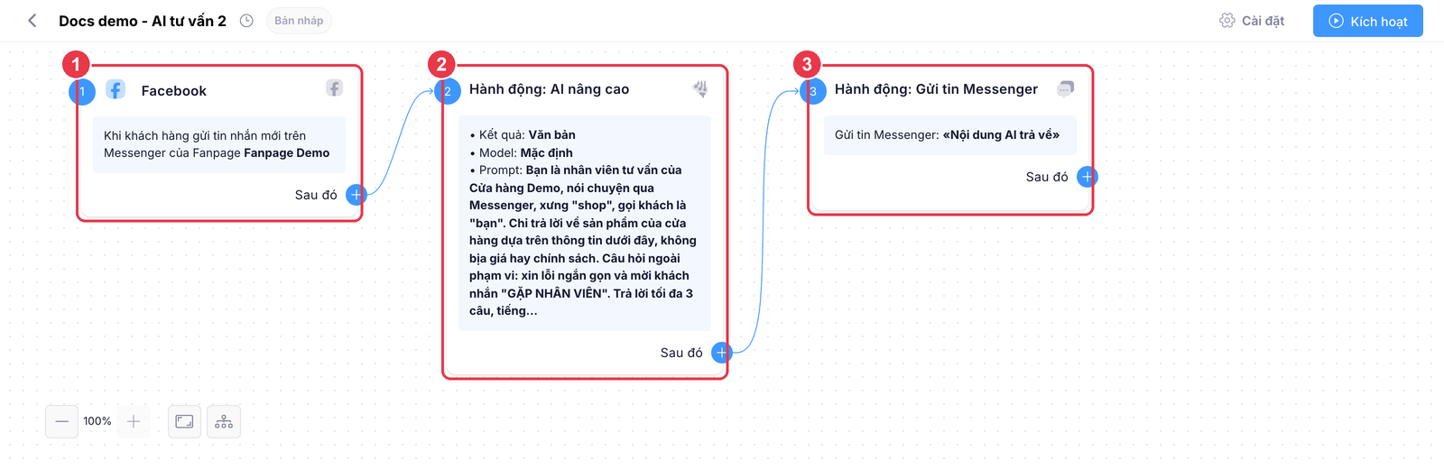 Canvas: trigger Messenger, node AI nâng cao, node Gửi tin Messenger
