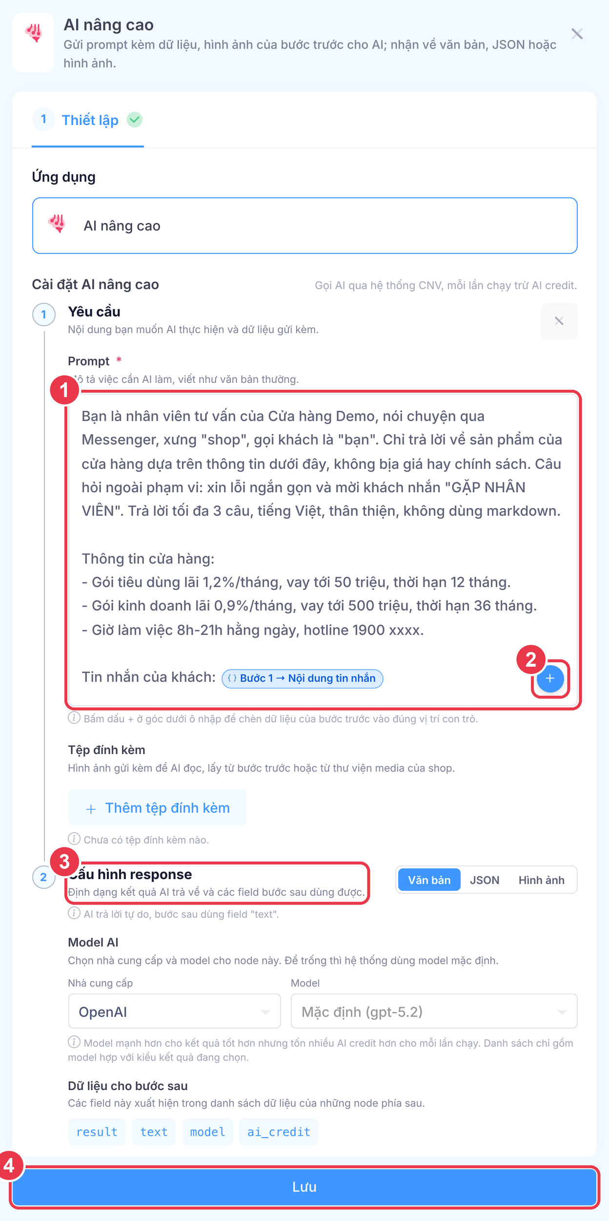 Node AI nâng cao với prompt vai nhân viên tư vấn