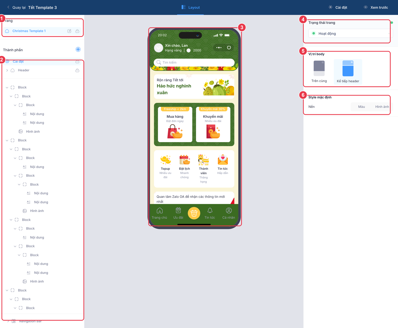 Tab Layout của trình dựng giao diện Mini App