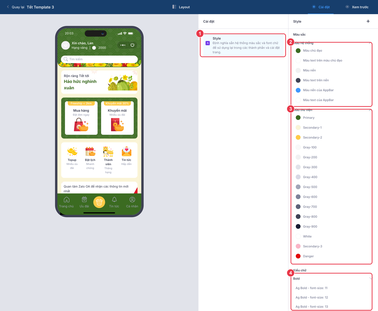 Tab Cài đặt — hệ màu sắc và kiểu chữ