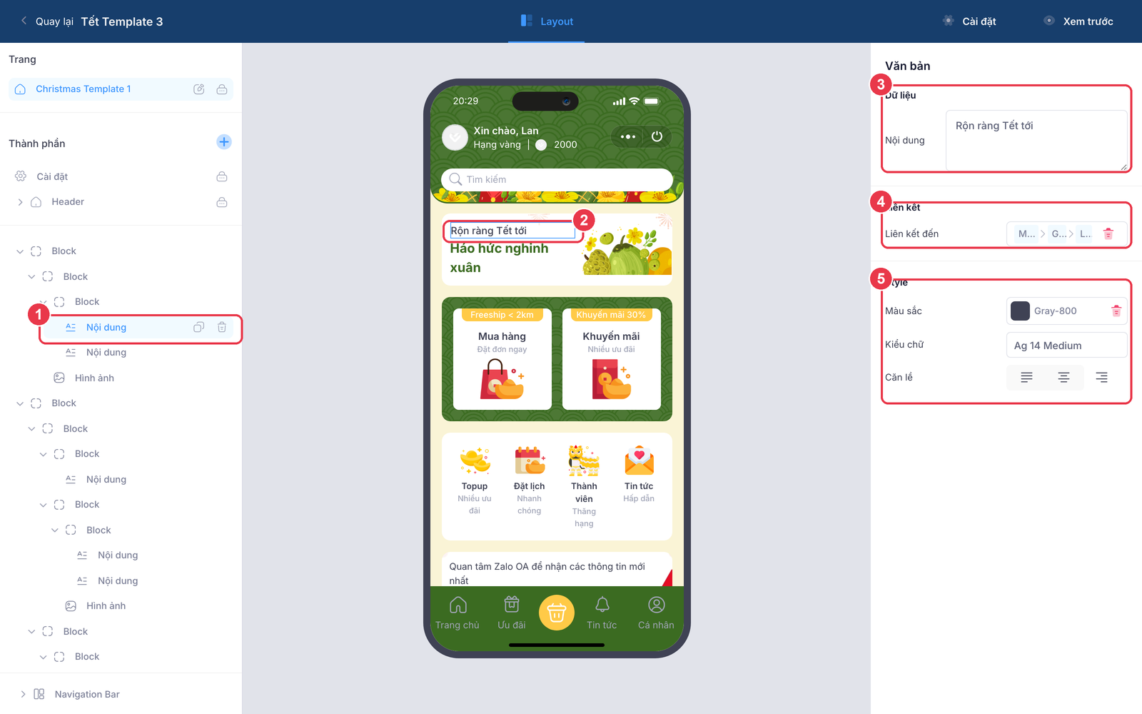 Chọn một khối văn bản và sửa ở panel bên phải