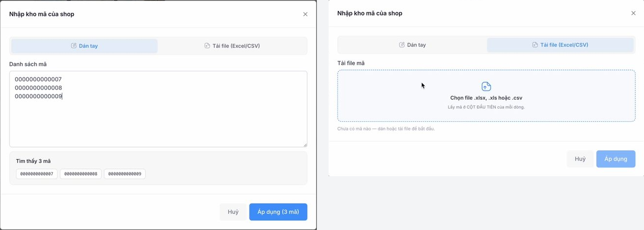 Hộp nhập kho mã: dán tay và tải file