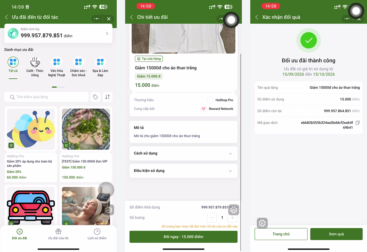 Ba màn hình đổi ưu đãi trên Zalo Mini App